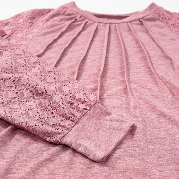 Rose Pink Contrast Lace Raglan Sleeve Plicate Round Neck Top - Picture 8 of 13